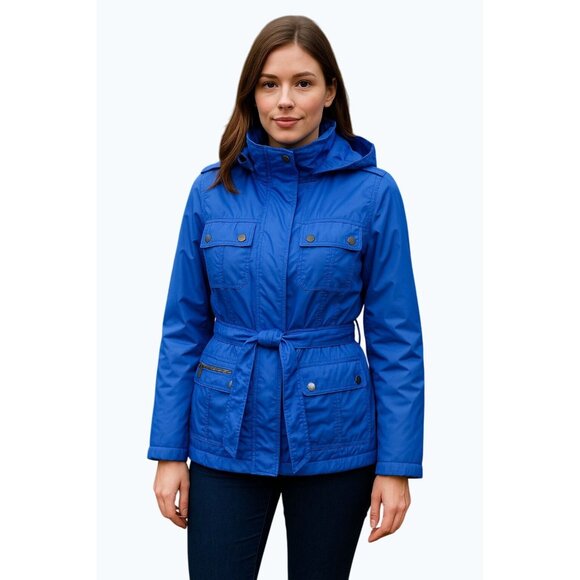 Merona Womens Blue Hooded Belted Rain Jacket Polyester Waterproof Coat Medium - Picture 1 of 15